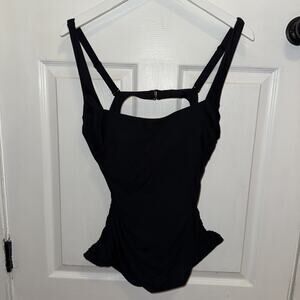 ATHLETA Square Neck Tankini Swim Top Black Runched Sides Underwire Size 40B-C